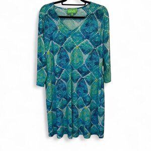 Pappagallo jersey knit stretch midi dress blue green floral paisley 1X
